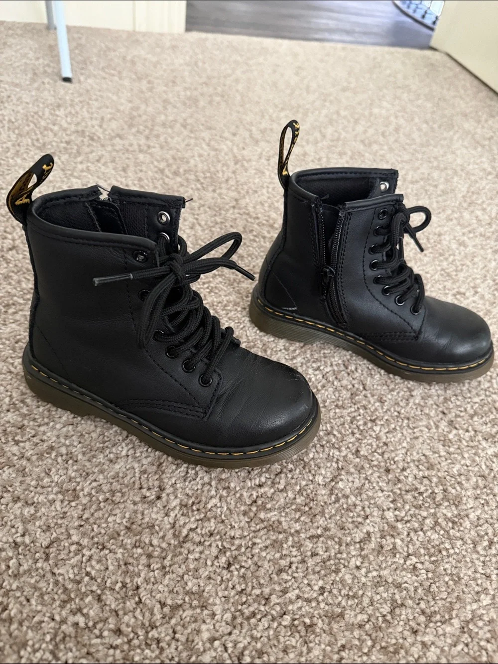 Dr. Martens Kids Black Lace-Up Ankle Boots with Yellow Stitching